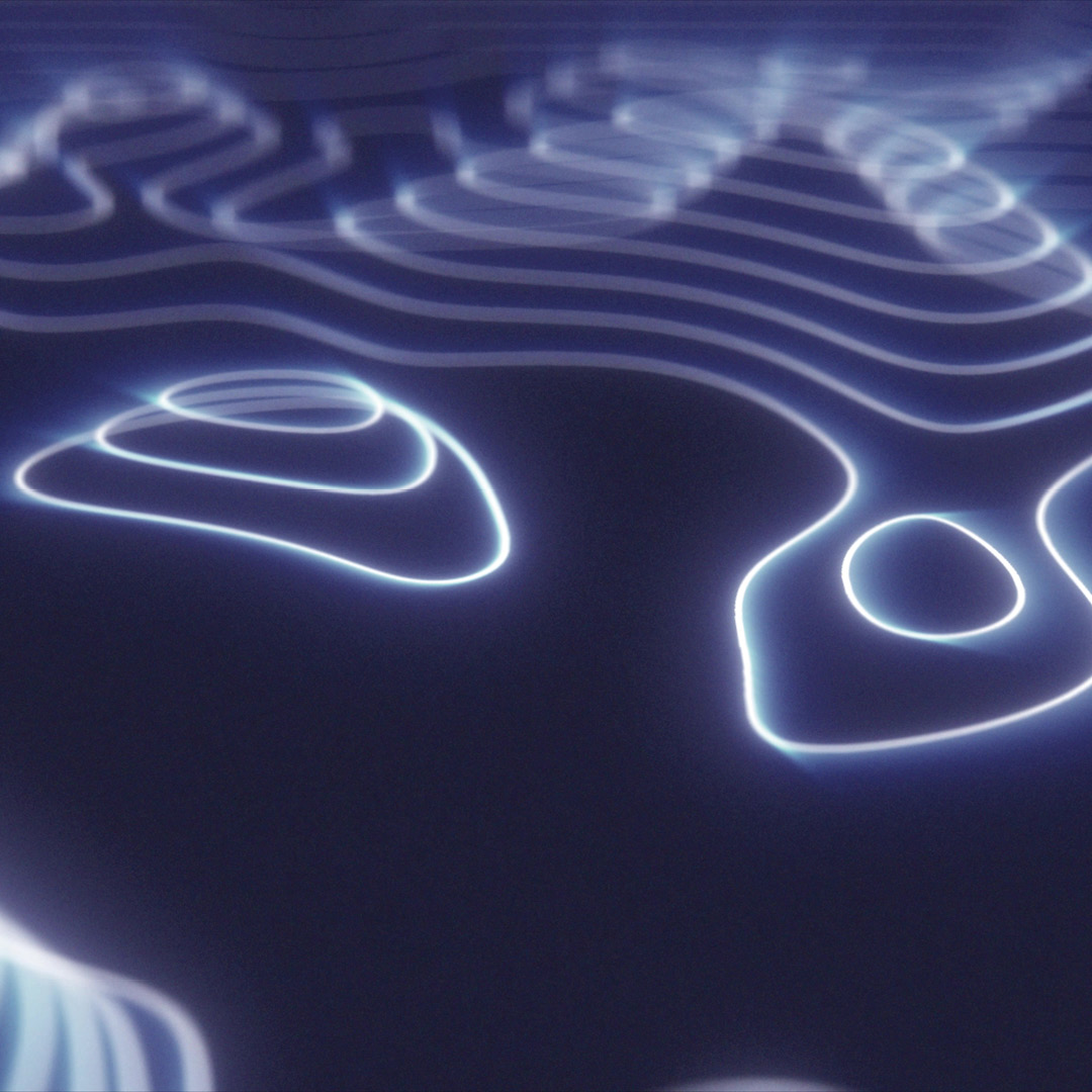 a digital rendering of a futuristic hi-tech landscape created with glowing blue energy circles.
