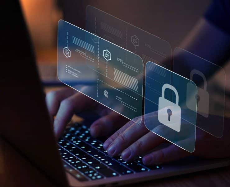 Enterprise cyber risk strategy reviewed in boardroom with digital security visualizations.