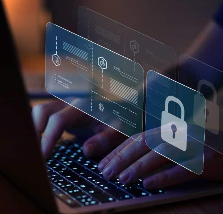 Enterprise cyber risk strategy reviewed in boardroom with digital security visualizations.