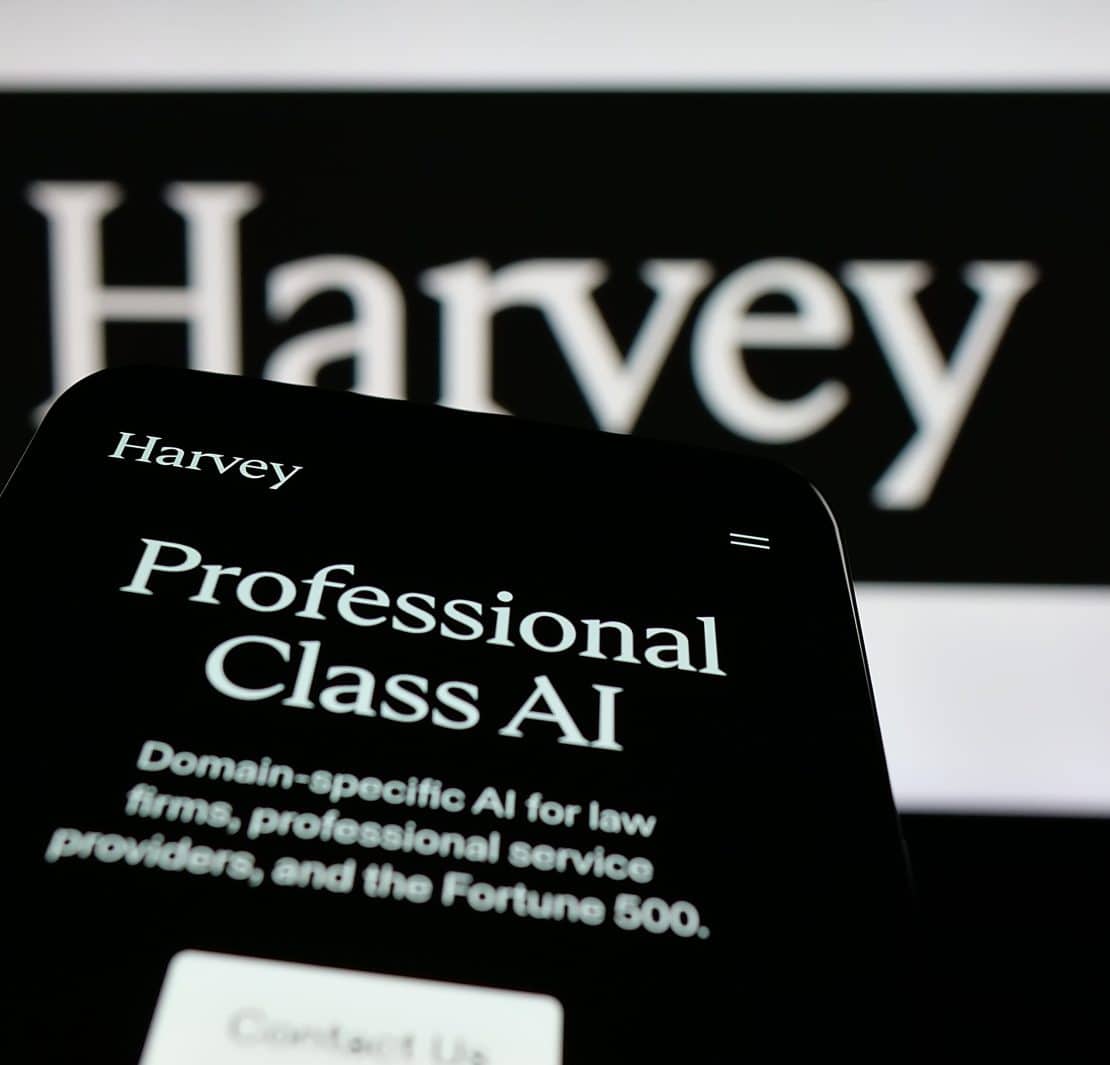 AI-powered legal platform Harvey displayed across a modern digital workspace, illustrating the competitive legal AI software market.