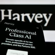 AI-powered legal platform Harvey displayed across a modern digital workspace, illustrating the competitive legal AI software market.