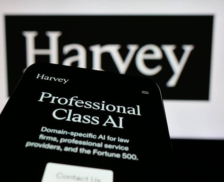 AI-powered legal platform Harvey displayed across a modern digital workspace, illustrating the competitive legal AI software market.