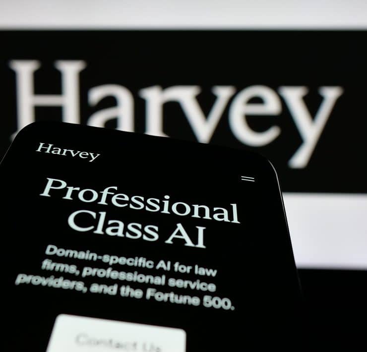 AI-powered legal platform Harvey displayed across a modern digital workspace, illustrating the competitive legal AI software market.