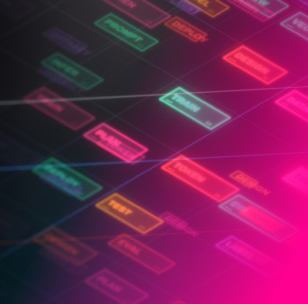 a stylized, futuristic node-based workflow diagram