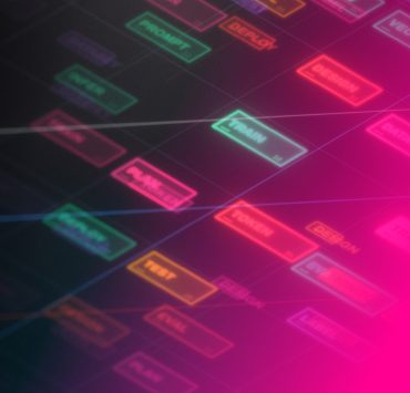 a stylized, futuristic node-based workflow diagram