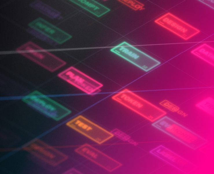 a stylized, futuristic node-based workflow diagram