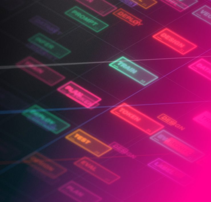 a stylized, futuristic node-based workflow diagram