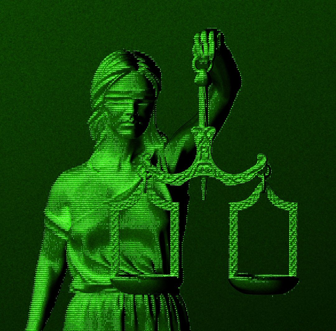 a green, digital-style representation of Lady Justice holding the scales of justice