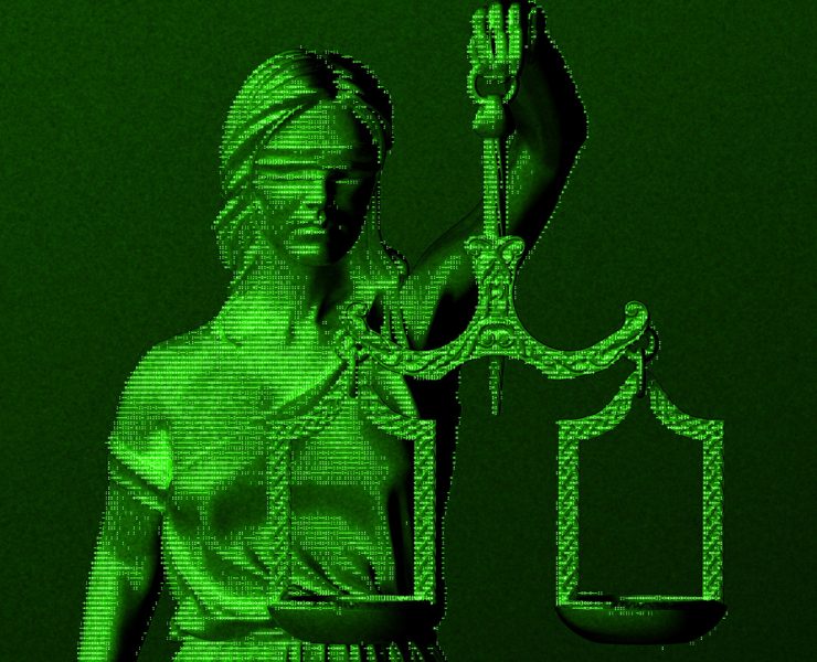 a green, digital-style representation of Lady Justice holding the scales of justice
