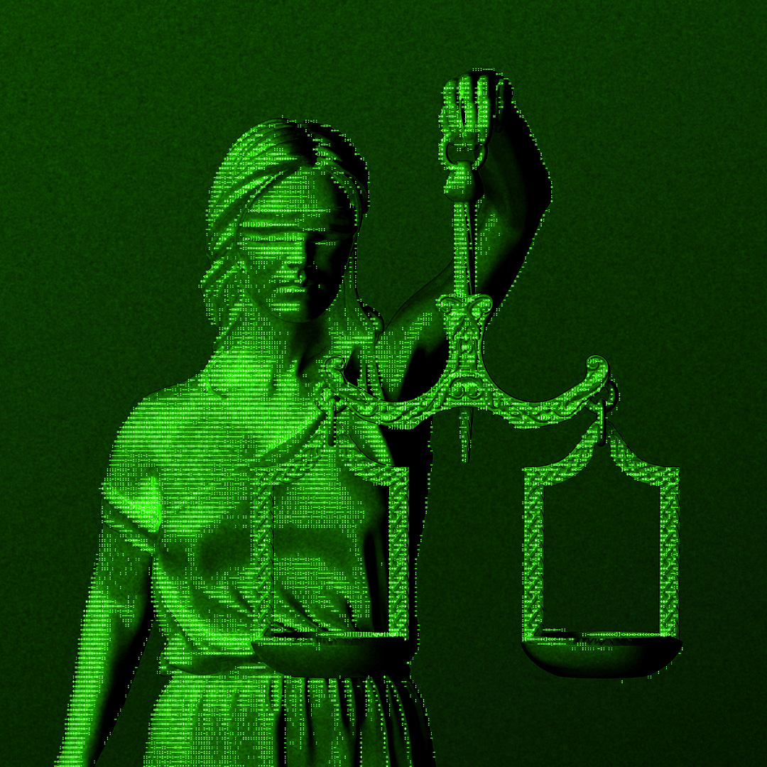 a green, digital-style representation of Lady Justice holding the scales of justice