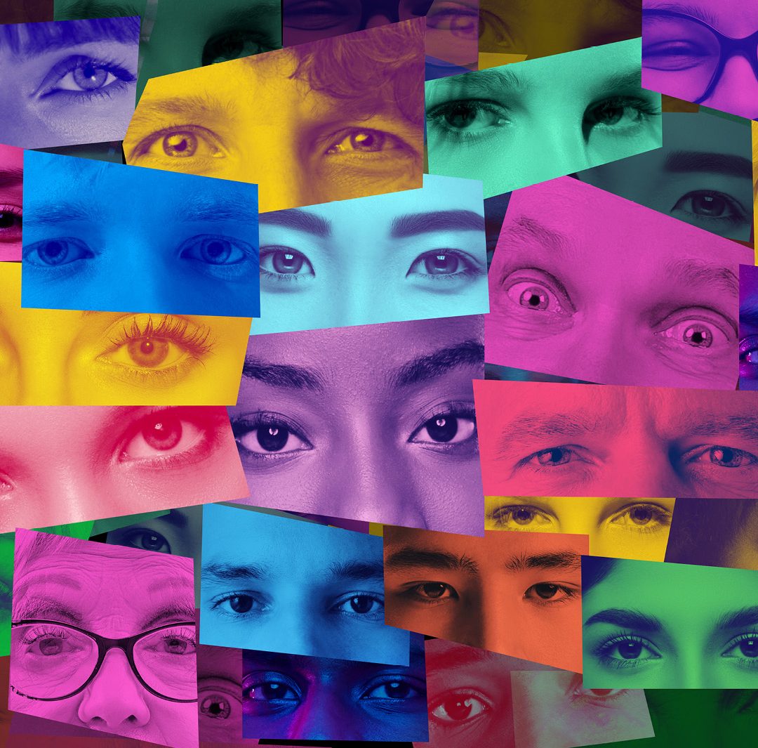 an artistic collage of human eyes and faces representing global diversity