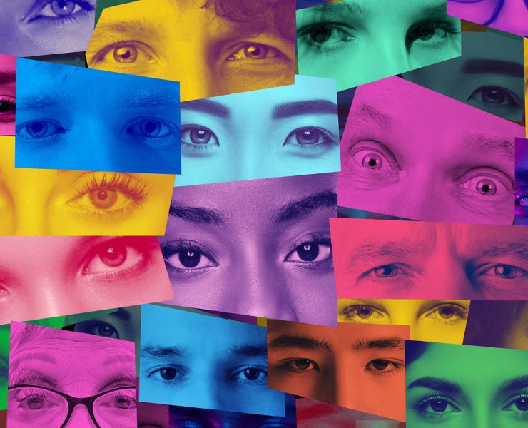 an artistic collage of human eyes and faces representing global diversity