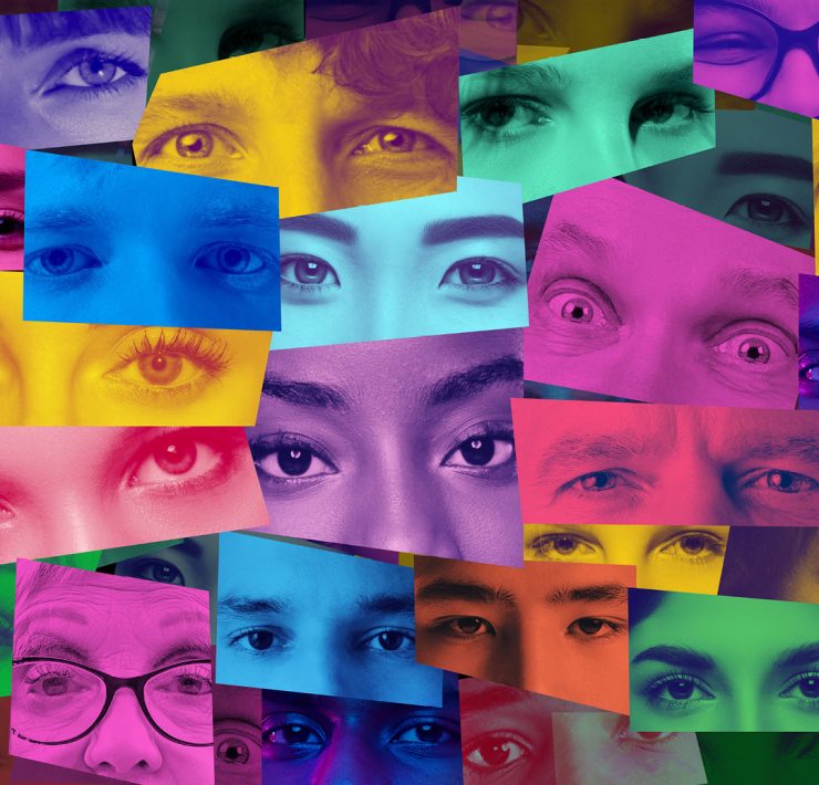 an artistic collage of human eyes and faces representing global diversity