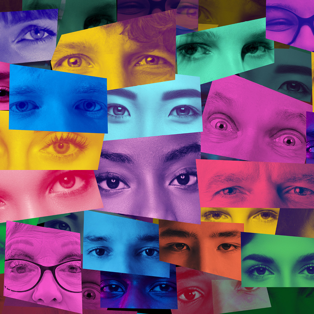 an artistic collage of human eyes and faces representing global diversity