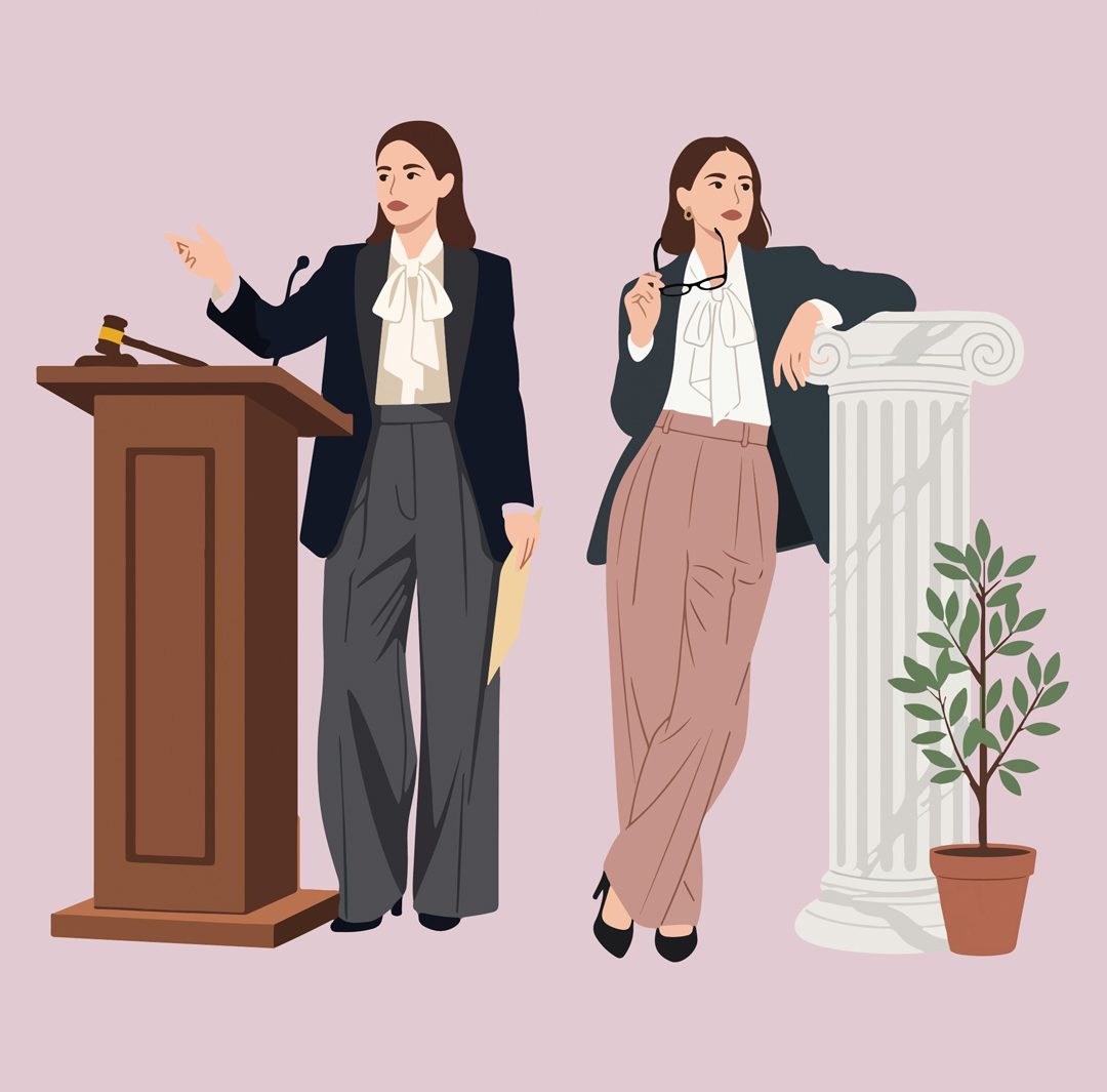 a digital illustration of two professional women in business attire next to a podium with a gavel and a classical pillar