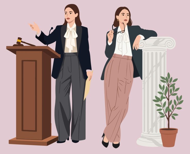 a digital illustration of two professional women in business attire next to a podium with a gavel and a classical pillar