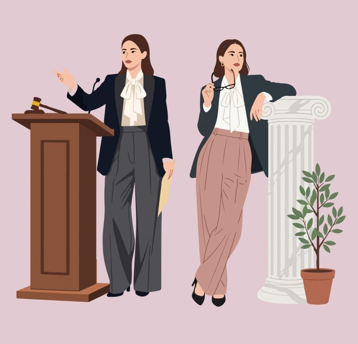 a digital illustration of two professional women in business attire next to a podium with a gavel and a classical pillar