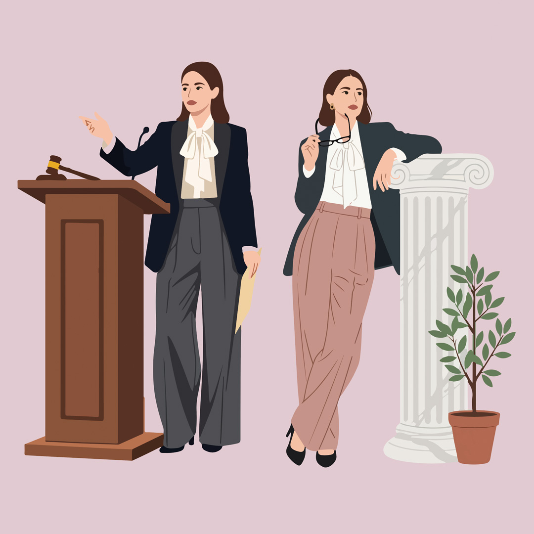 a digital illustration of two professional women in business attire next to a podium with a gavel and a classical pillar