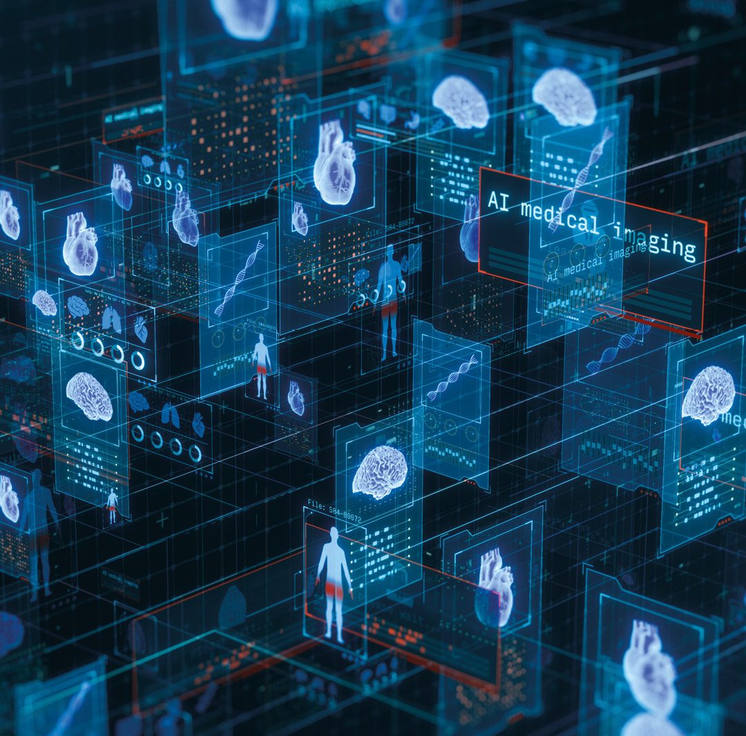 a futuristic digital interface with blue glowing screens, brain and heart scans, and the text "AI medical imaging"