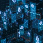 a futuristic digital interface with blue glowing screens, brain and heart scans, and the text "AI medical imaging"