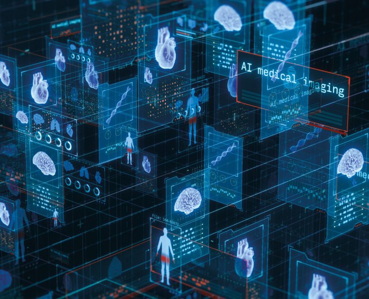 a futuristic digital interface with blue glowing screens, brain and heart scans, and the text "AI medical imaging"