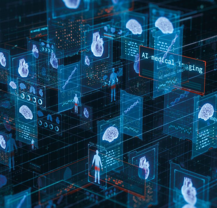 a futuristic digital interface with blue glowing screens, brain and heart scans, and the text "AI medical imaging"