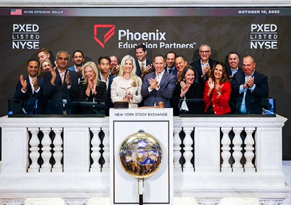 Srini (front left) with University of Phoenix leadership at the opening bell of NYSE for the October 10, 2025, Phoenix Education Partners IPO launch